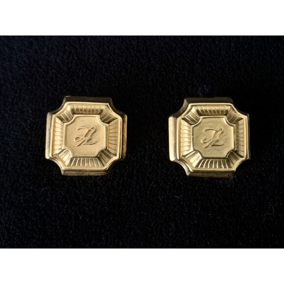 Karl Lagerfeld Signed Goldtone Clip On Square Earrings with KL Logo Vintage - Picture 1 of 7